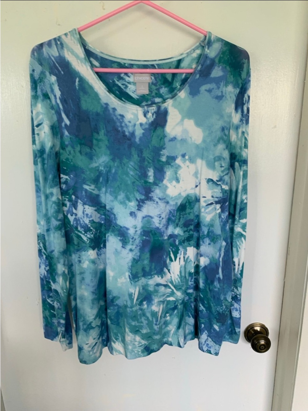 Chico's Blue & Green Watercolor-Print Long Sleeve Scoop Neck Top Size L